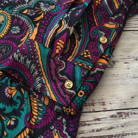 Button Up Long Sleeve V Neck Paisley Blouse - Picture 3 of 6